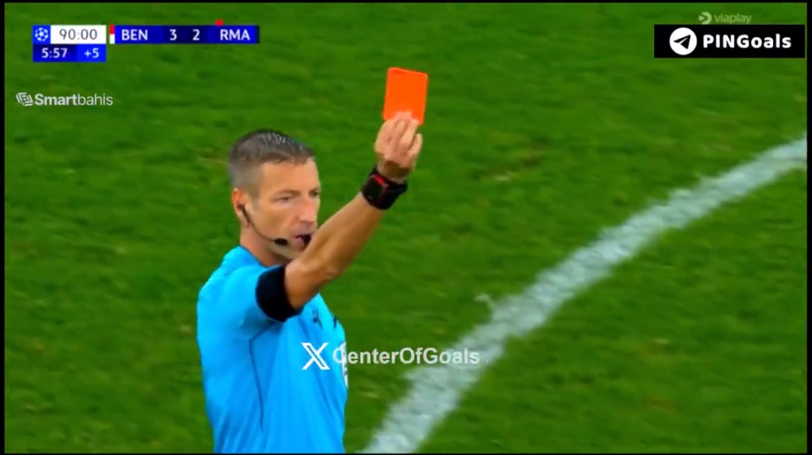 Watch: Benfica goalkeeper wanted to play the ball then mbappe intercepted it in undeserved way referee cancel the goal which make rodrygo argue with the referee till he got a red card - Sportsrock